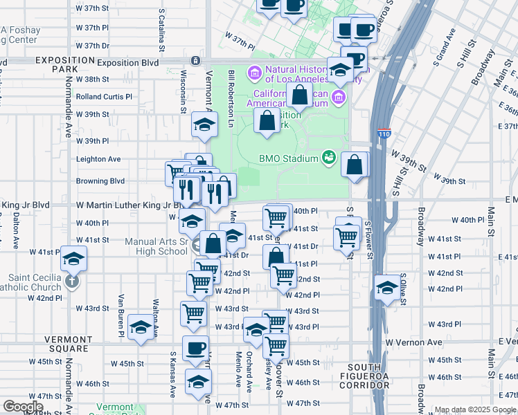 map of restaurants, bars, coffee shops, grocery stores, and more near 832 West Martin Luther King Junior Boulevard in Los Angeles