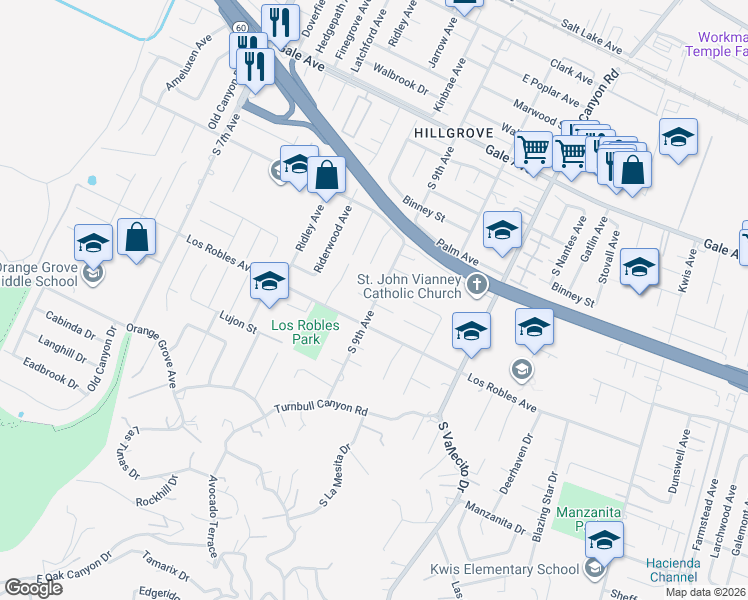 map of restaurants, bars, coffee shops, grocery stores, and more near 1425 South 9th Avenue in Hacienda Heights