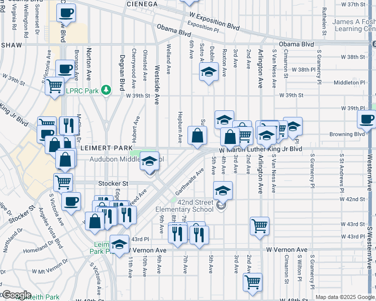 map of restaurants, bars, coffee shops, grocery stores, and more near 2836 West Martin Luther King Junior Boulevard in Los Angeles