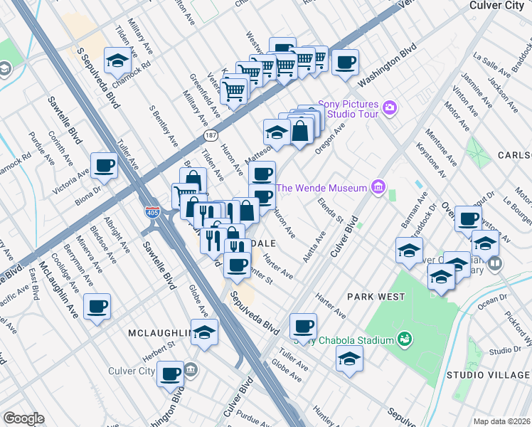 map of restaurants, bars, coffee shops, grocery stores, and more near 4022 Huron Avenue in Culver City