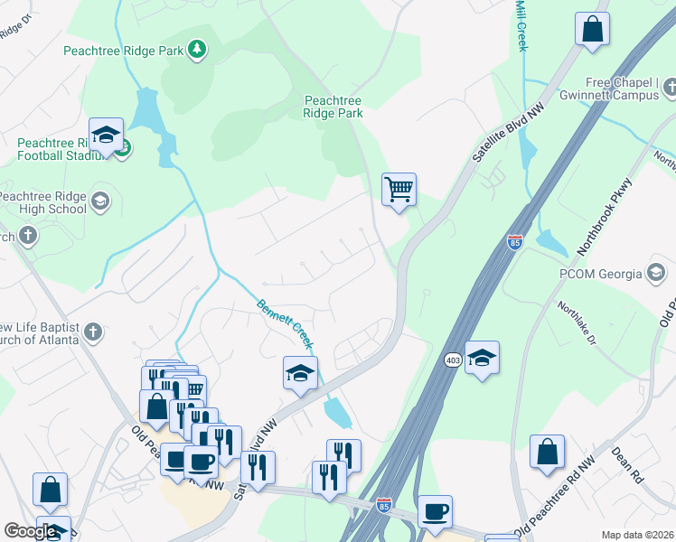 map of restaurants, bars, coffee shops, grocery stores, and more near 1419 Oglethorpe Drive in Suwanee