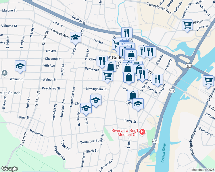 map of restaurants, bars, coffee shops, grocery stores, and more near 600 Walnut Street in Gadsden