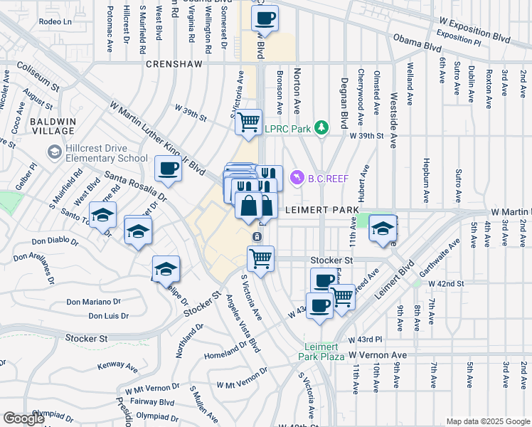 map of restaurants, bars, coffee shops, grocery stores, and more near 4040 Crenshaw Boulevard in Los Angeles