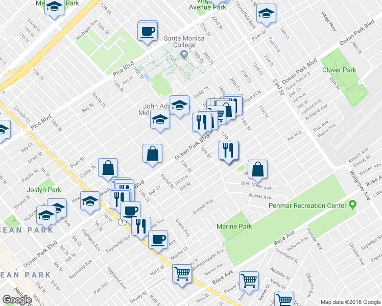 map of restaurants, bars, coffee shops, grocery stores, and more near 1428 Ocean Park Boulevard in Santa Monica