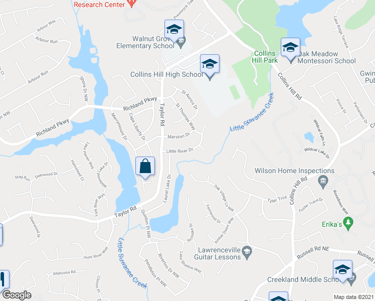map of restaurants, bars, coffee shops, grocery stores, and more near 2072 Little River Drive in Suwanee