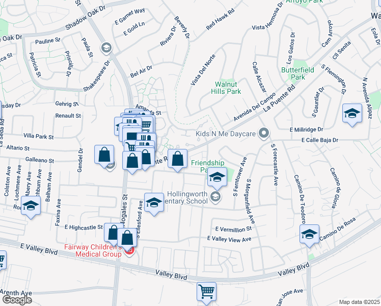 map of restaurants, bars, coffee shops, grocery stores, and more near 19214 La Puente Road in West Covina