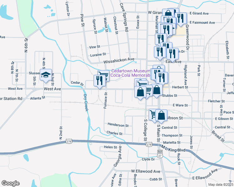 map of restaurants, bars, coffee shops, grocery stores, and more near 316 Cherokee Street in Cedartown