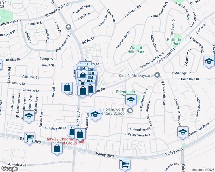 map of restaurants, bars, coffee shops, grocery stores, and more near 3624 Cottonwood Circle in West Covina