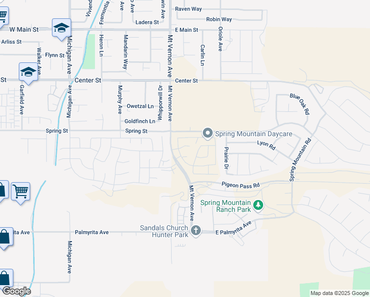map of restaurants, bars, coffee shops, grocery stores, and more near 265-499 Blue Mountain Drive in Riverside