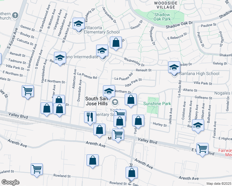 map of restaurants, bars, coffee shops, grocery stores, and more near 18120 East Northam Street in La Puente