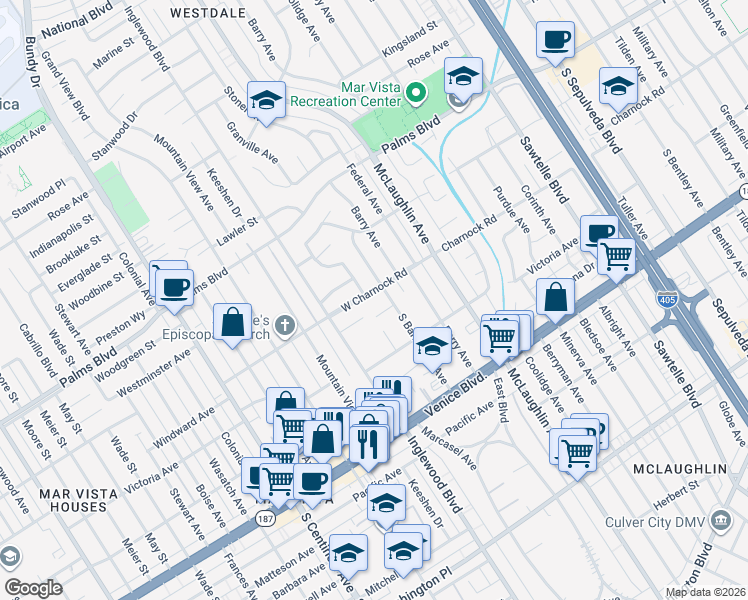 map of restaurants, bars, coffee shops, grocery stores, and more near in Los Angeles