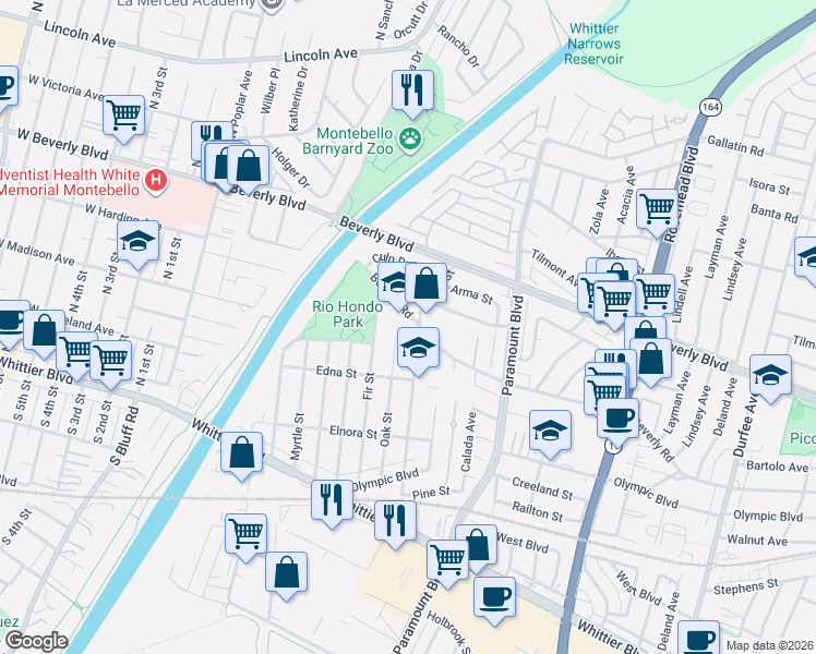 map of restaurants, bars, coffee shops, grocery stores, and more near 8420 Beverly Road in Pico Rivera