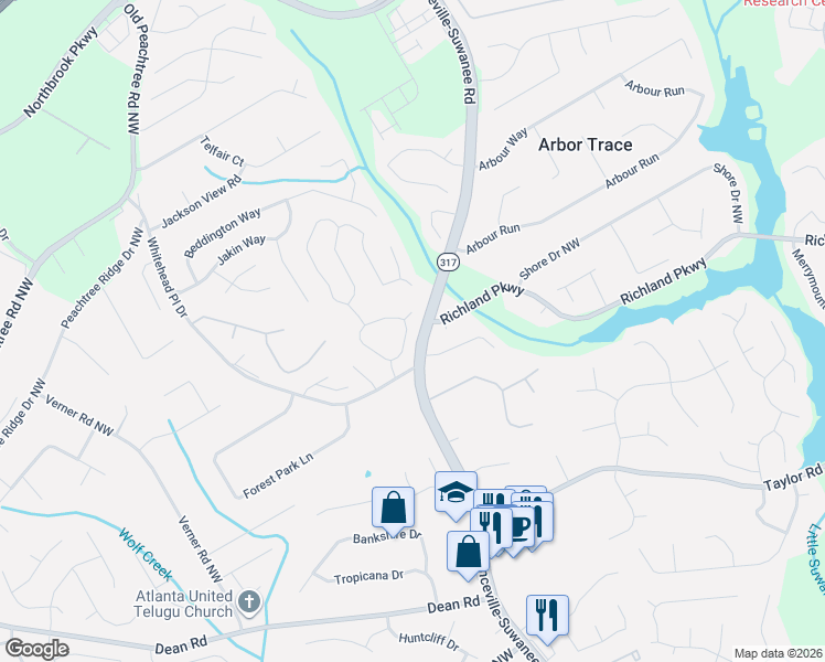 map of restaurants, bars, coffee shops, grocery stores, and more near 570 Swan Creek Court Northwest in Suwanee