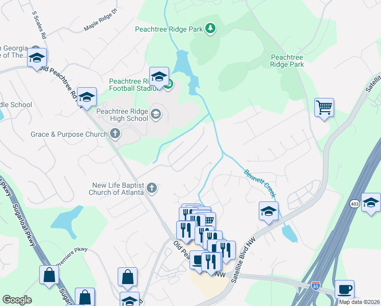 map of restaurants, bars, coffee shops, grocery stores, and more near 1470 Belmont Hills in Suwanee