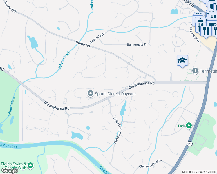 map of restaurants, bars, coffee shops, grocery stores, and more near 5230 Coacoochee Terrace in Alpharetta