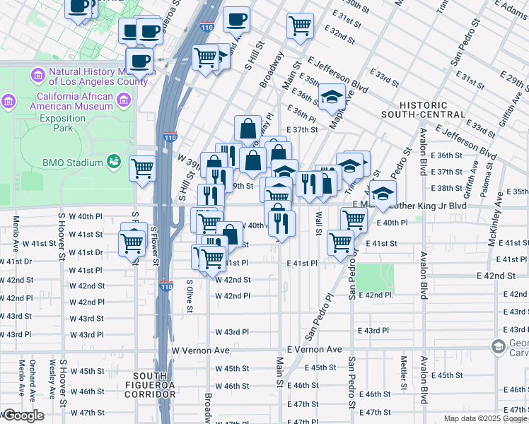 map of restaurants, bars, coffee shops, grocery stores, and more near 134 West Martin Luther King Junior Boulevard in Los Angeles