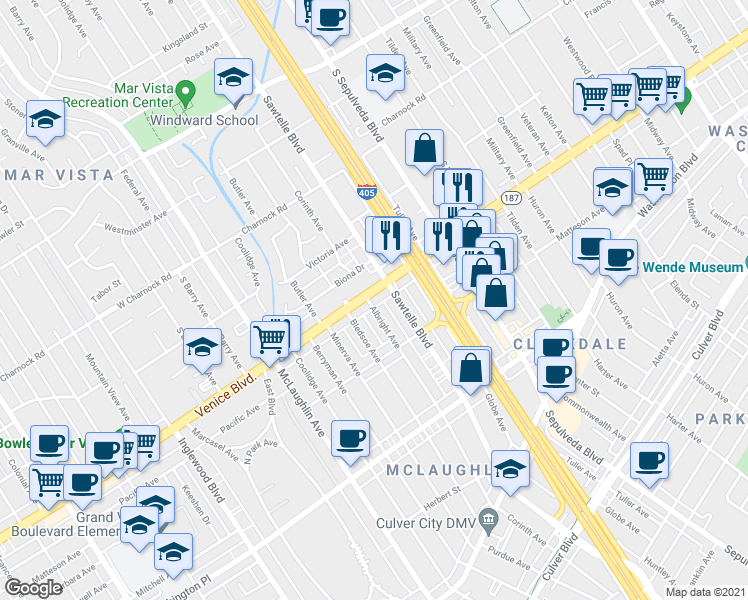 map of restaurants, bars, coffee shops, grocery stores, and more near 3810 Albright Avenue in Los Angeles