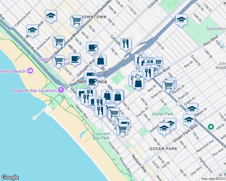 map of restaurants, bars, coffee shops, grocery stores, and more near 1802 4th Street in Santa Monica