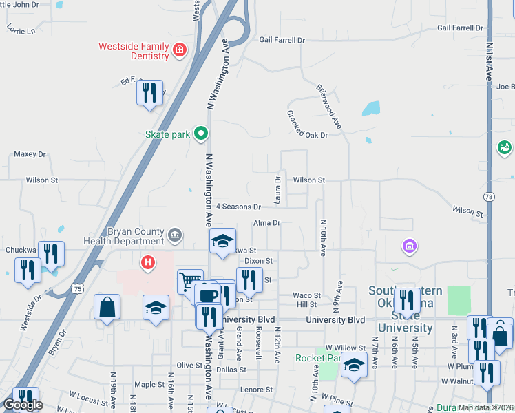map of restaurants, bars, coffee shops, grocery stores, and more near 1212 4 Seasons Drive in Durant