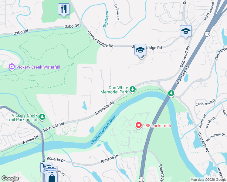map of restaurants, bars, coffee shops, grocery stores, and more near 135 River Landing Drive in Roswell