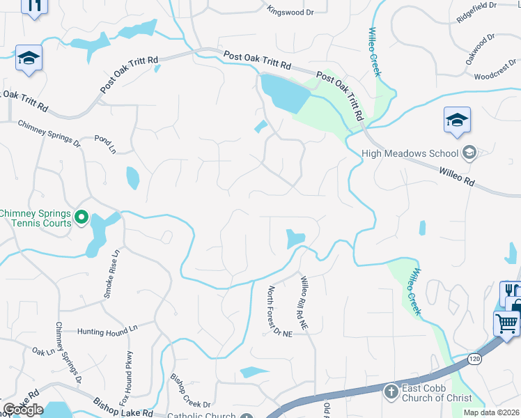 map of restaurants, bars, coffee shops, grocery stores, and more near 2500 North Forest Drive Northeast in Marietta