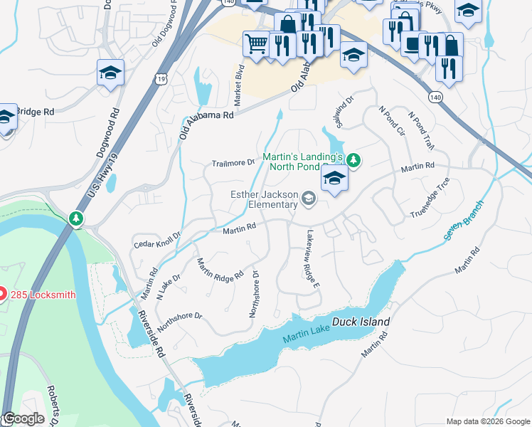 map of restaurants, bars, coffee shops, grocery stores, and more near 105 Hillside Ln in Roswell
