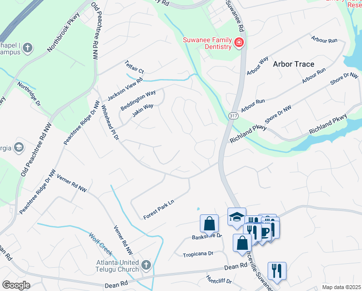 map of restaurants, bars, coffee shops, grocery stores, and more near 2285 Compton Place in Suwanee
