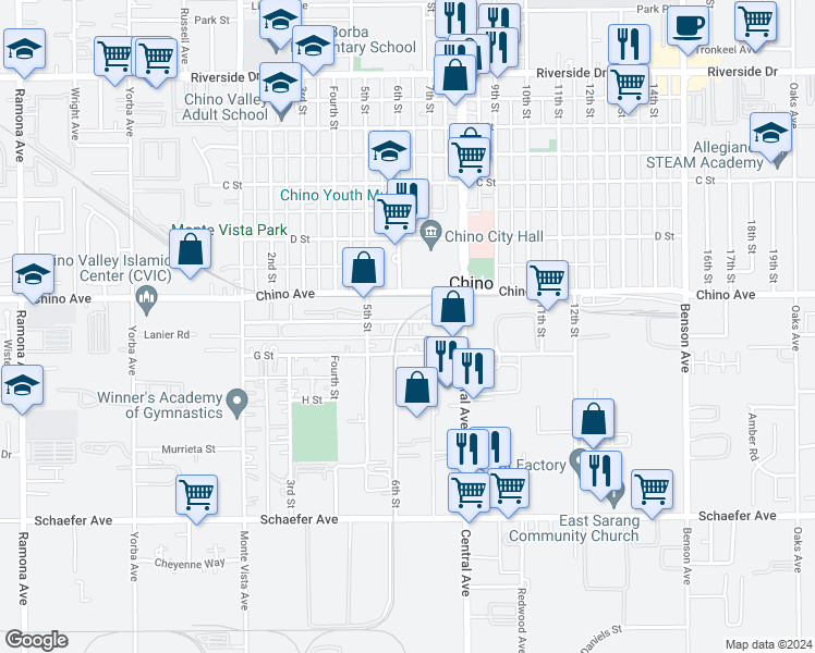 map of restaurants, bars, coffee shops, grocery stores, and more near 5199 F Street in Chino