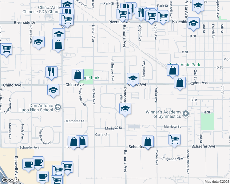 map of restaurants, bars, coffee shops, grocery stores, and more near 4473 Heather Circle in Chino