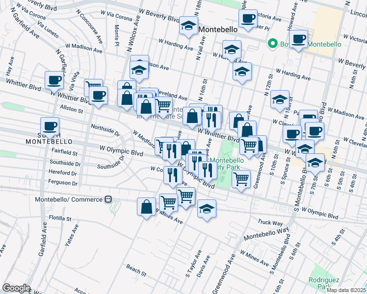 map of restaurants, bars, coffee shops, grocery stores, and more near 133 Rose Lane in Montebello