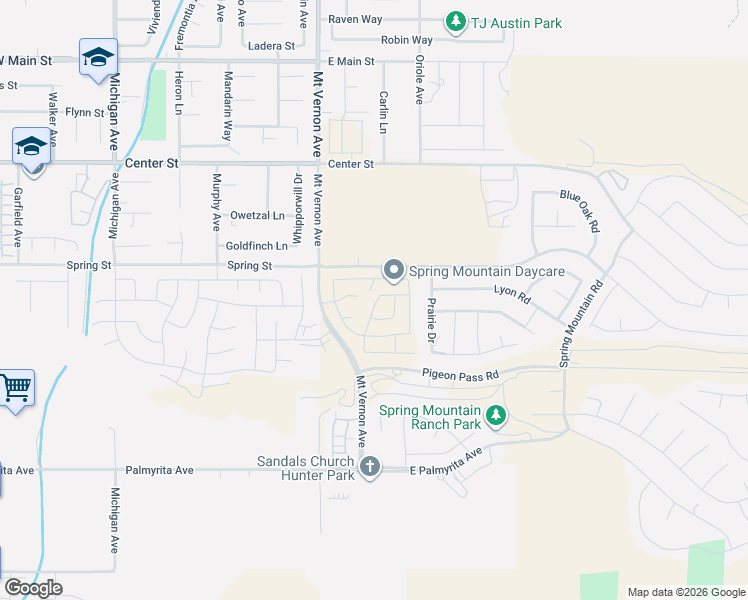 map of restaurants, bars, coffee shops, grocery stores, and more near 265-499 Blue Mountain Drive in Riverside