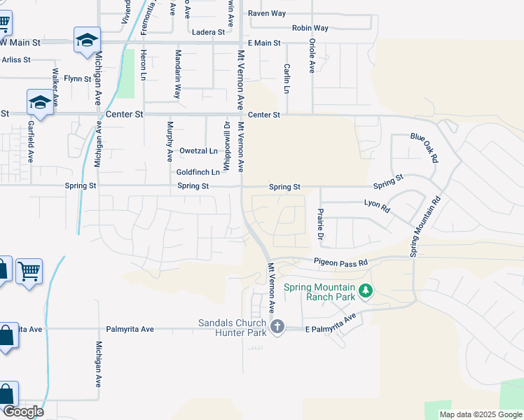 map of restaurants, bars, coffee shops, grocery stores, and more near 265-499 Blue Mountain Drive in Riverside