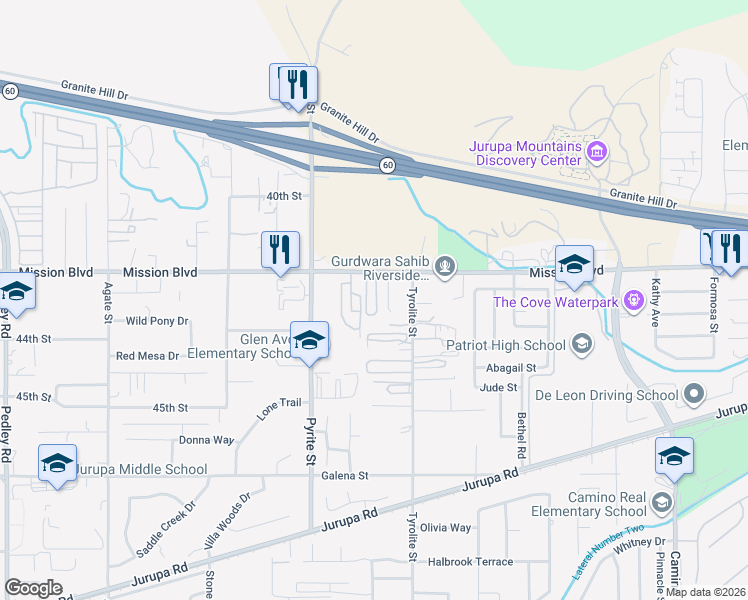 map of restaurants, bars, coffee shops, grocery stores, and more near 4260 Crystal Lane in Riverside