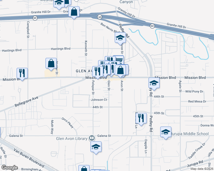 map of restaurants, bars, coffee shops, grocery stores, and more near 4252 Glen Street in Riverside