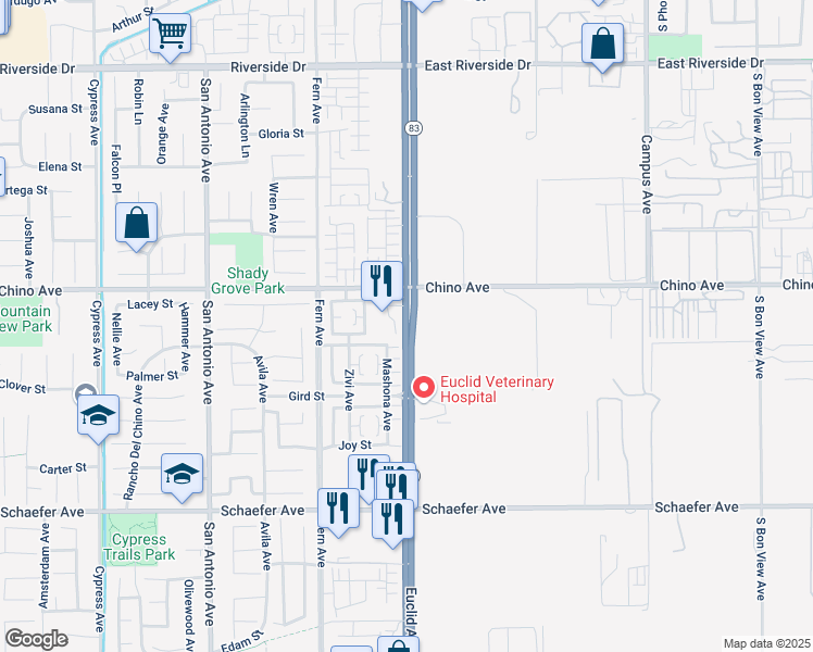 map of restaurants, bars, coffee shops, grocery stores, and more near 13362 Euclid Avenue in Chino