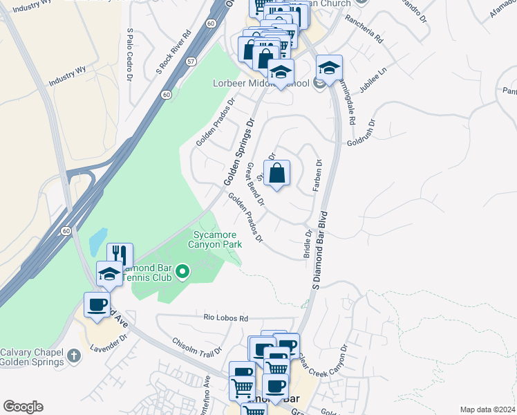 map of restaurants, bars, coffee shops, grocery stores, and more near 743 Great Bend Drive in Diamond Bar
