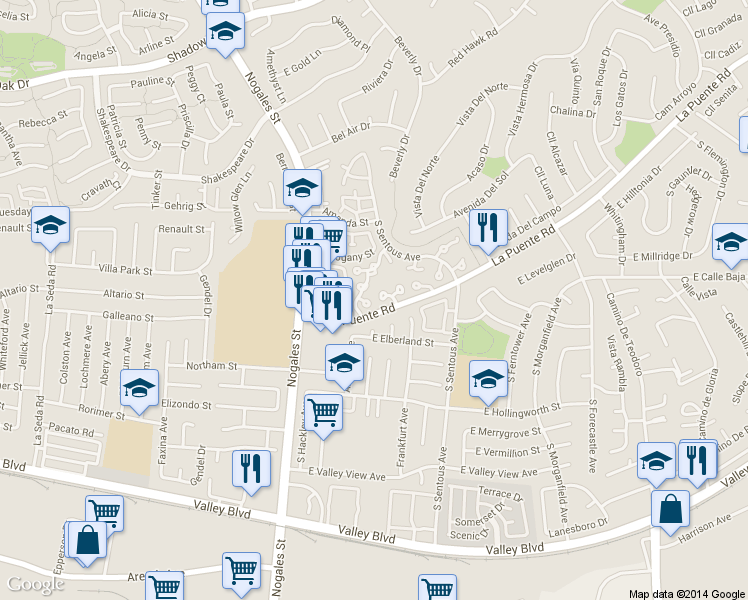 map of restaurants, bars, coffee shops, grocery stores, and more near 3624 Cottonwood Circle in West Covina