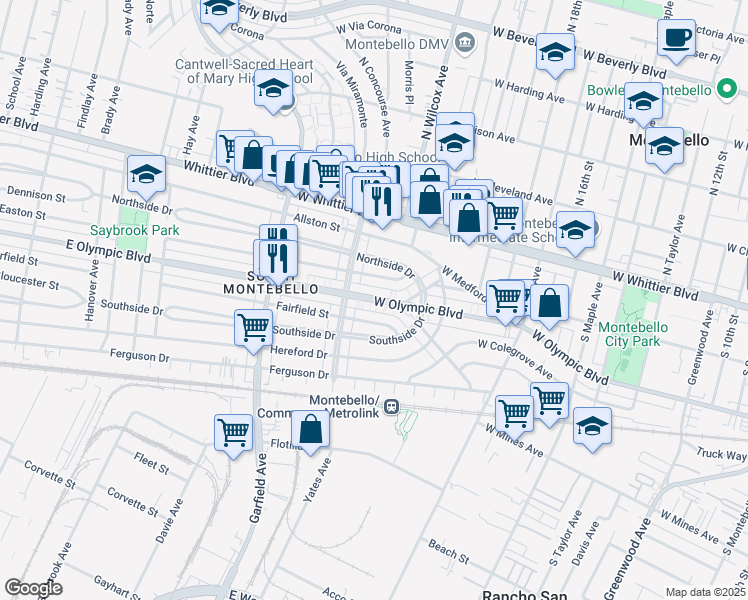 map of restaurants, bars, coffee shops, grocery stores, and more near 2210 West Olympic Boulevard in Montebello