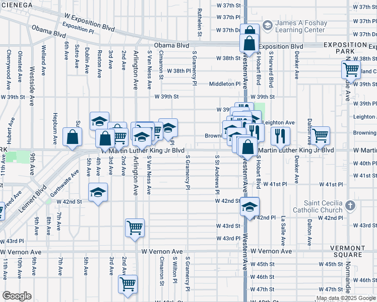 map of restaurants, bars, coffee shops, grocery stores, and more near 1919 West Martin Luther King Junior Boulevard in Los Angeles