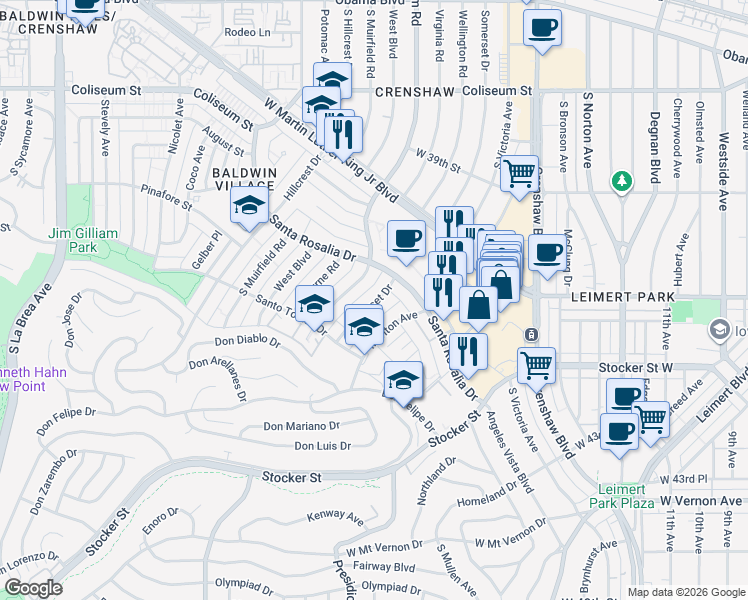 map of restaurants, bars, coffee shops, grocery stores, and more near 4135 Somerset Drive in Los Angeles