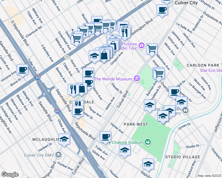 map of restaurants, bars, coffee shops, grocery stores, and more near 4007 Coogan Circle in Culver City