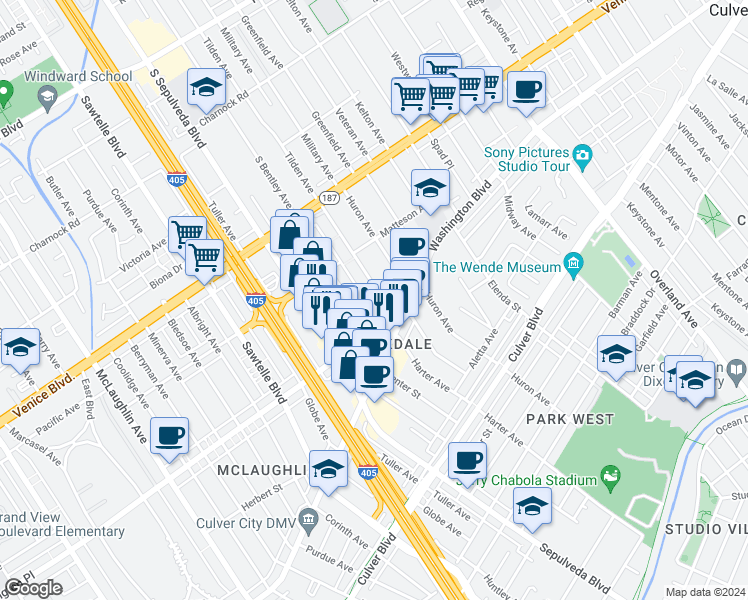 map of restaurants, bars, coffee shops, grocery stores, and more near 3948 Bentley Avenue in Culver City