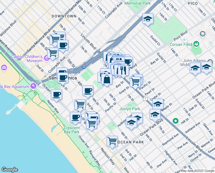 map of restaurants, bars, coffee shops, grocery stores, and more near 1901 6th Street in Santa Monica