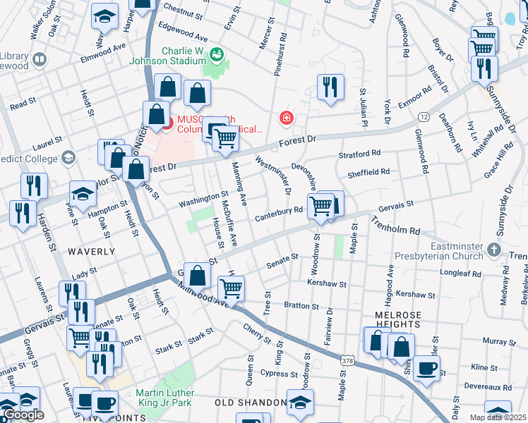 map of restaurants, bars, coffee shops, grocery stores, and more near 1311 Cambridge Lane in Columbia