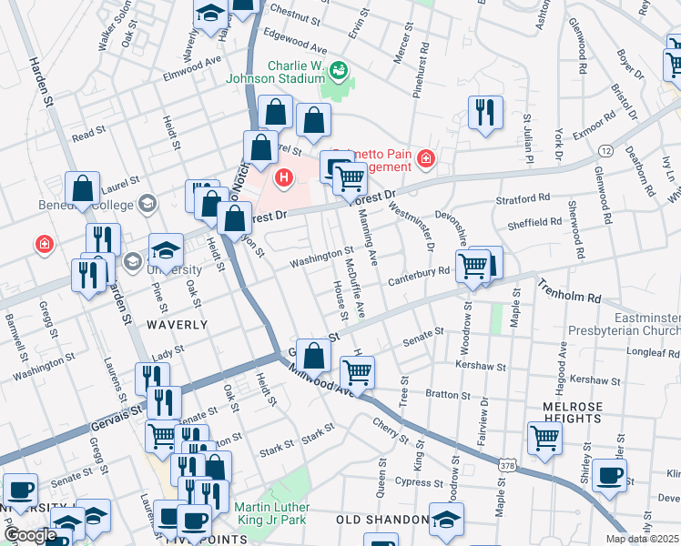 map of restaurants, bars, coffee shops, grocery stores, and more near 1326 House Street in Columbia