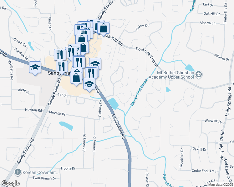 map of restaurants, bars, coffee shops, grocery stores, and more near 2249 Mainsail Court in Marietta