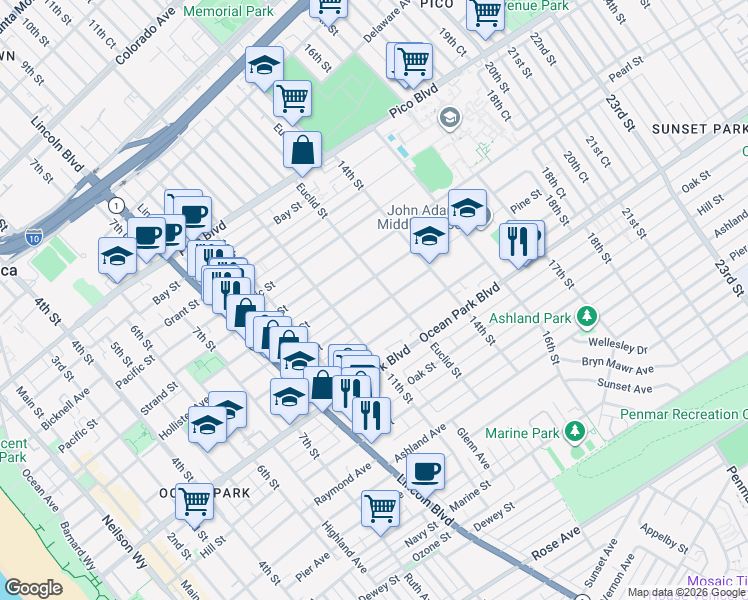 map of restaurants, bars, coffee shops, grocery stores, and more near 1213 Pine Street in Santa Monica
