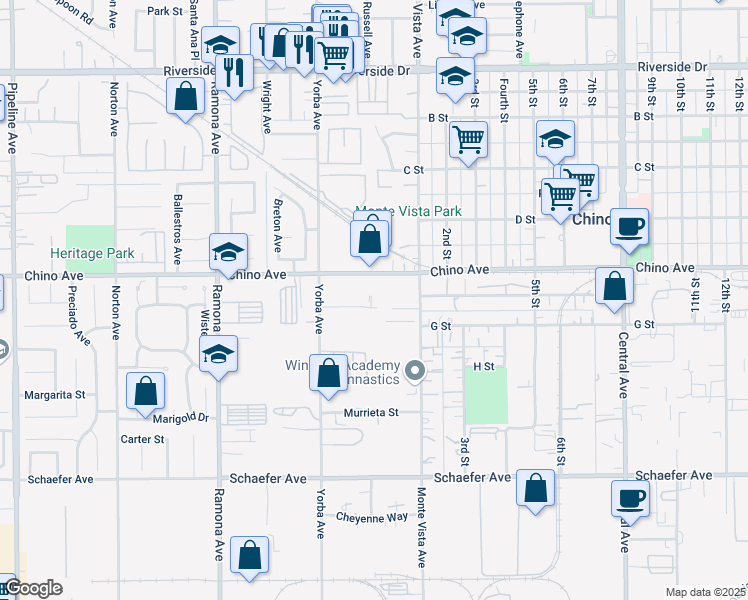 map of restaurants, bars, coffee shops, grocery stores, and more near 4820 Lanier Road in Chino