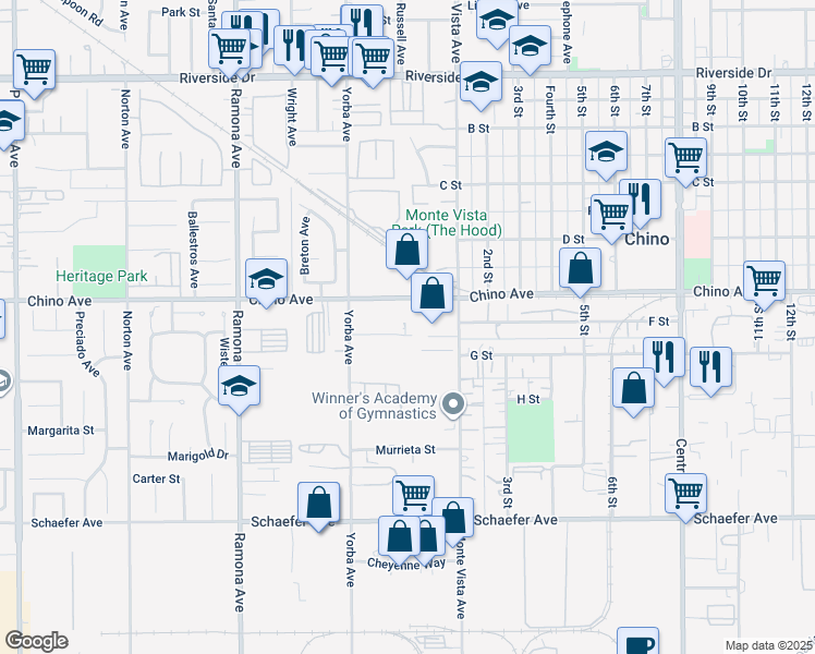 map of restaurants, bars, coffee shops, grocery stores, and more near 4820 Lanier Road in Chino