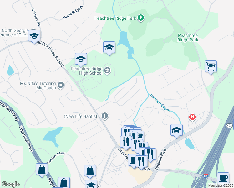 map of restaurants, bars, coffee shops, grocery stores, and more near 1622 Belmont Creek Pointe in Suwanee